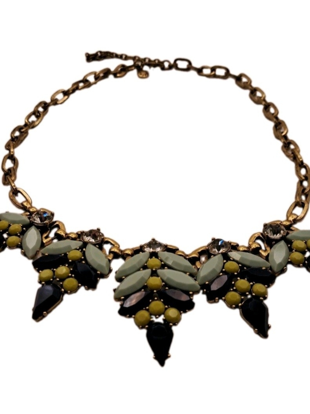 J. Crew Statement Bib Necklace Chunky Antiqued Gold Tone Navy Mint Green Rhinest